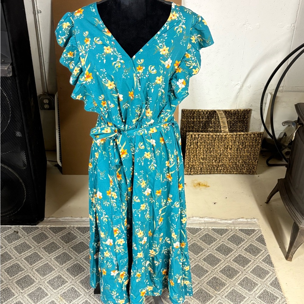 BloomChic Teal Floral Midi Dress with Ruffle Sleeves